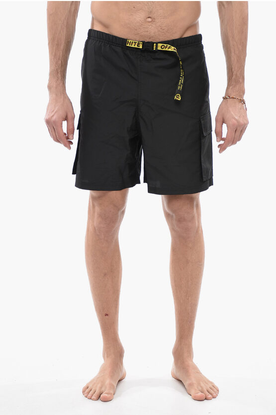 OFF-WHITE SOLID COLOR CARGO SWIM SHORTS WITH INDUSTRIAL BELT