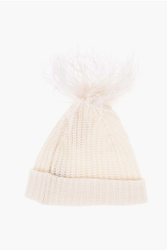 Art Essay Solid Color Cashmere Clover Beanie With Feathers Detail In Neutral