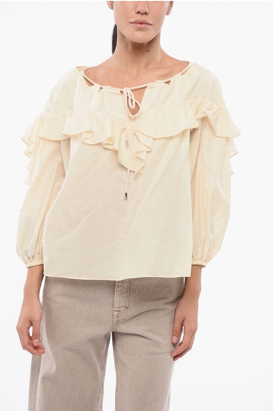 PINKO SOLID COLOR COTTON AND SILK BONES BLOUSE WITH RUFFLES