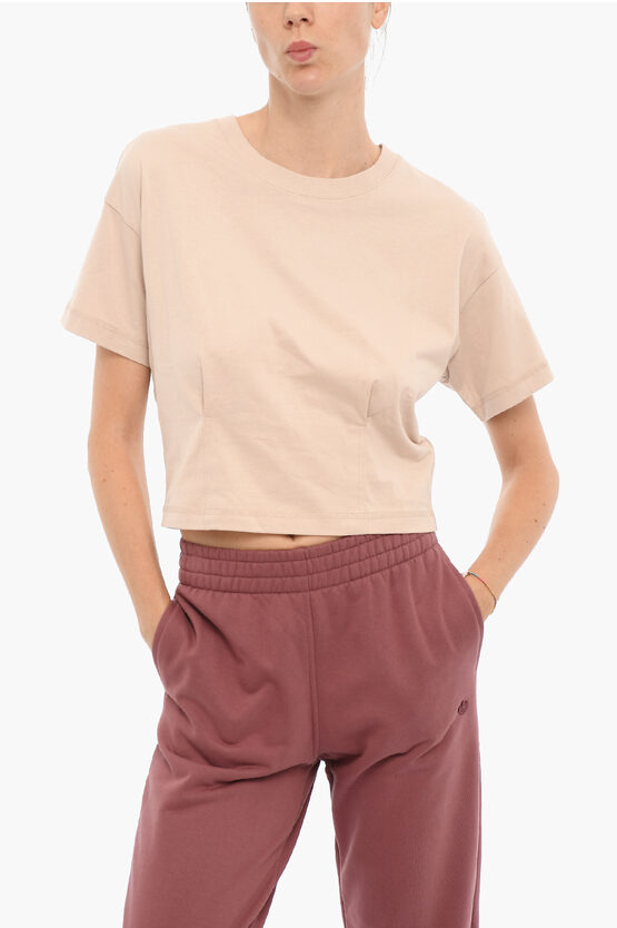 Champion Solid Color Crew-neck Cropped T-shirt With Stitching Detail In Metallic