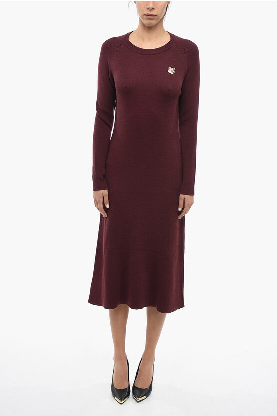 Maison Kitsuné Solid Color Crew-neck Dress With Fox Embroidery In Burgundy