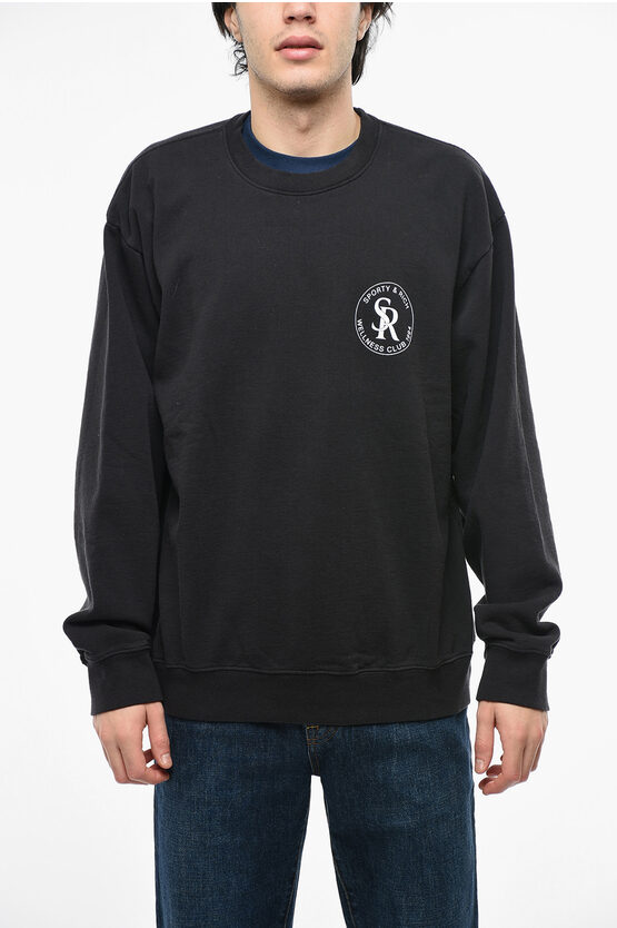 Sporty And Rich Solid Color Crew-neck Sweatshirt With Contrasting Print In Black