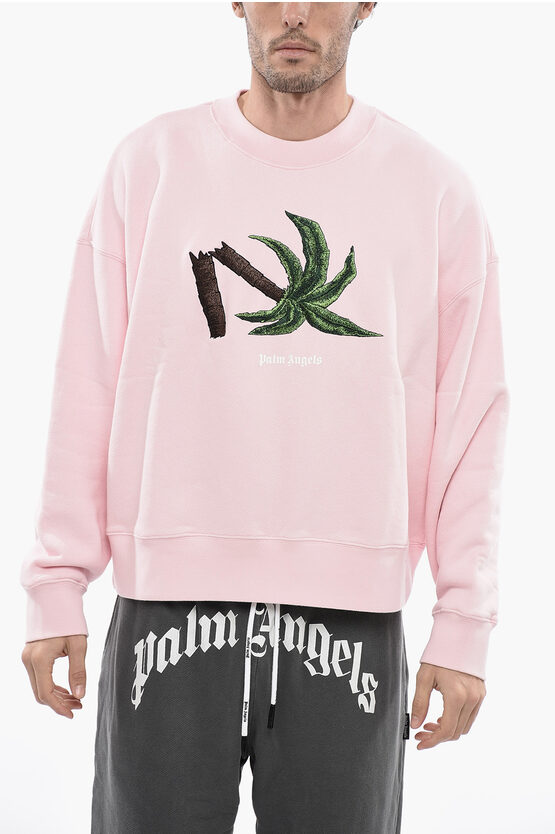 Shop Palm Angels Solid Color Crew-neck Sweatshirt With Frontal-embroidery