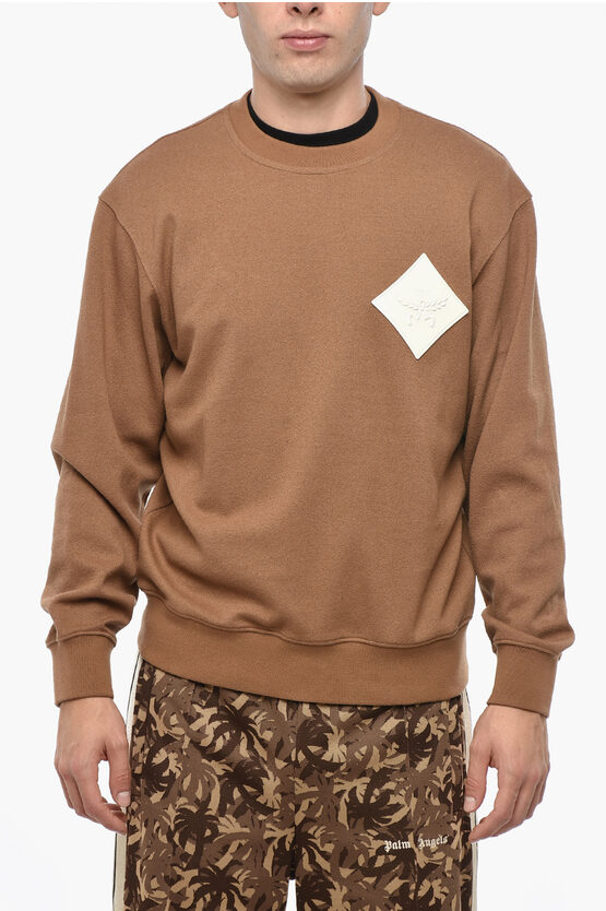 Mcm Solid Color Crew-neck Sweatshirt With Logo Patch On The Fron In Brown