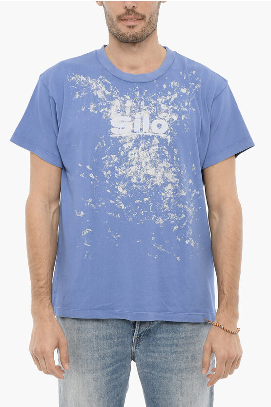 Erl Solid Color Crew-neck T-shirt With Acid-wash Effect Print In Blue