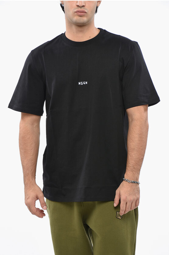 Msgm Solid Color Crew-neck T-shirt With Contrasting Logo In Black