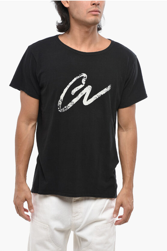 Greg Lauren Solid Color Crew-neck T-shirt With Contrasting Print In Black