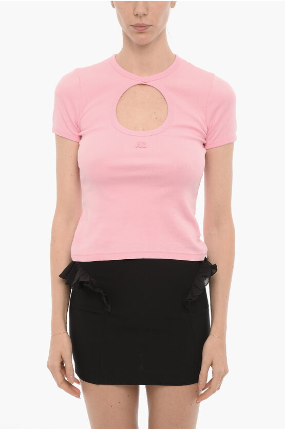 Shop Courrèges Solid Color Crew-neck T-shirt With Cut-out Detail