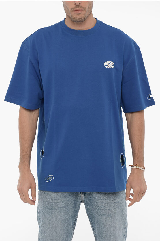 Ader Error Solid Color Crew-neck T-shirt With Cut-out Details In Blue