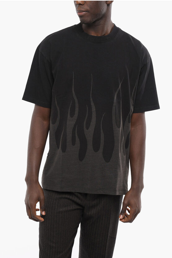 Vision Of Super Solid Color Crew-neck T-shirt With Flames Print In Black