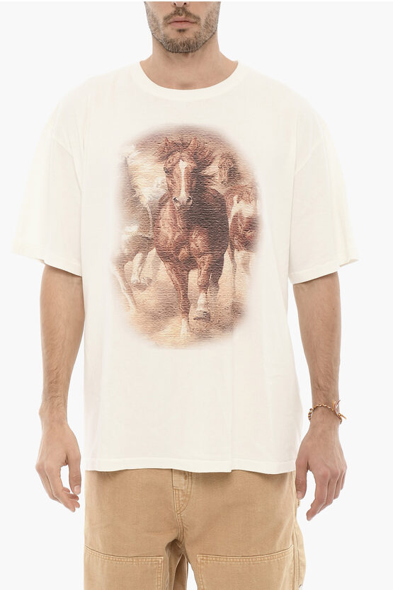 1989 Studio Solid Color Crew-neck T-shirt With Horse Print In Gold