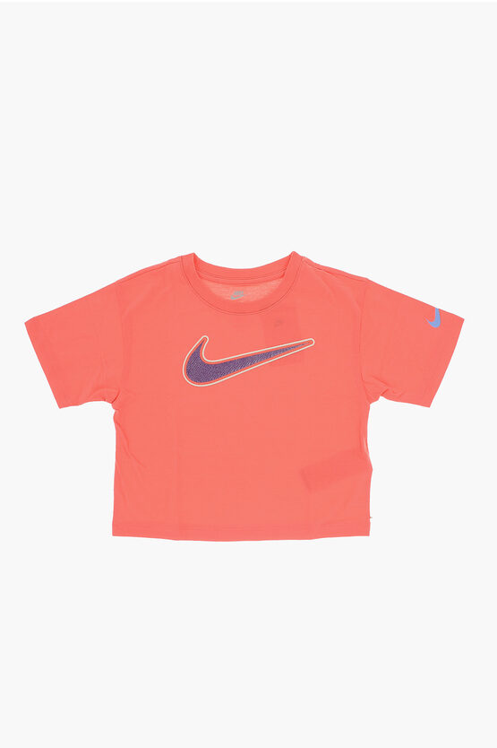 Nike Solid Colour Crew-neck T-shirt With Lurex Logo In Orange