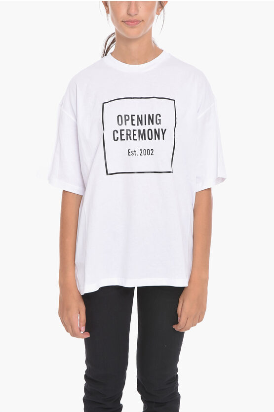 Opening Ceremony Solid Color Crew-neck T-shirt With Printed Contrasting Logo In White