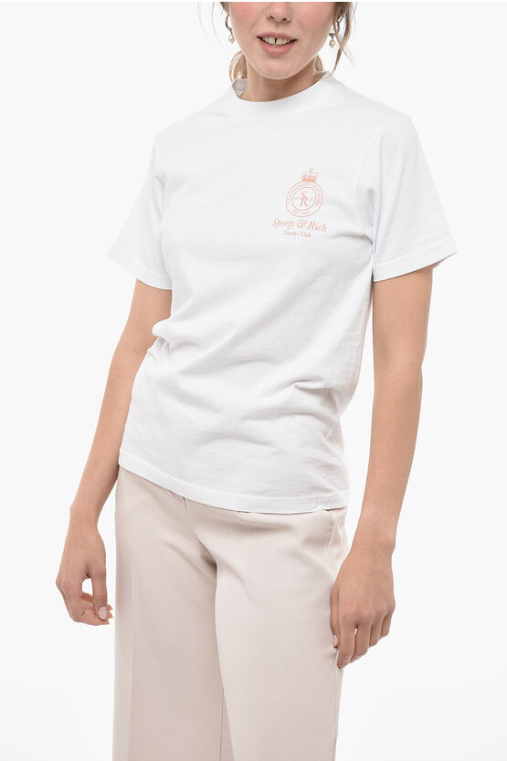 Sporty And Rich Solid Color Crew-neck T-shirt With Printed Logo In White
