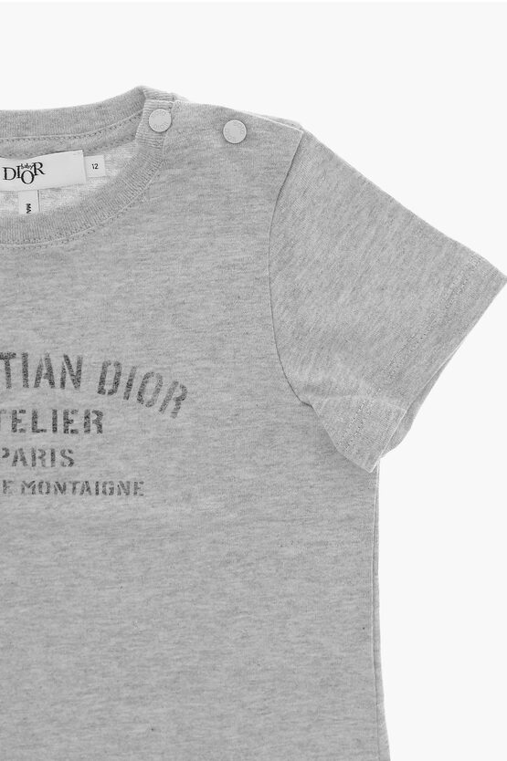 Dior Kids Solid Color Crew-neck T-Shirt with Printed Logo
