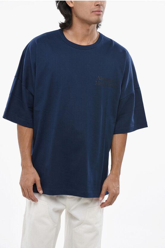 Alexander Mcqueen Solid Color Crew-neck T-shirt With Printed Logo In Blue