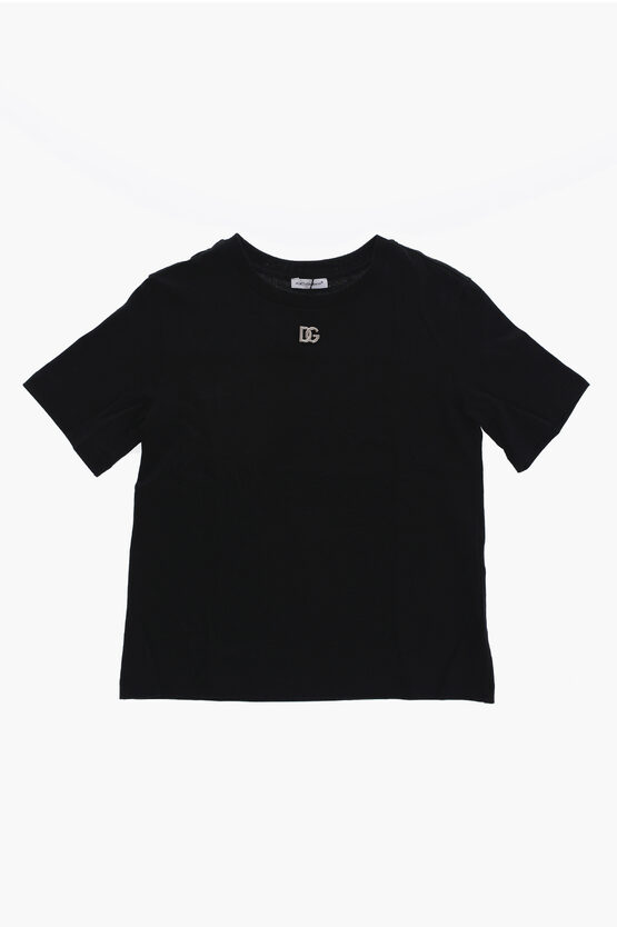 Dolce & Gabbana Solid Color Crew-neck T-shirt With Silver-tone Logo In Black