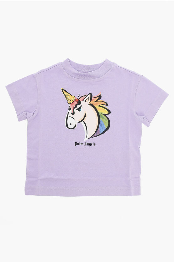 Palm Angels Solid Color Crew-neck T-shirt With Unicorn Print In Purple