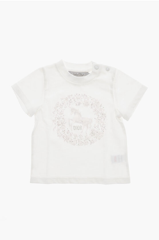 Dior Solid Color Crew-neck T-shirt With Unicorn Print In White