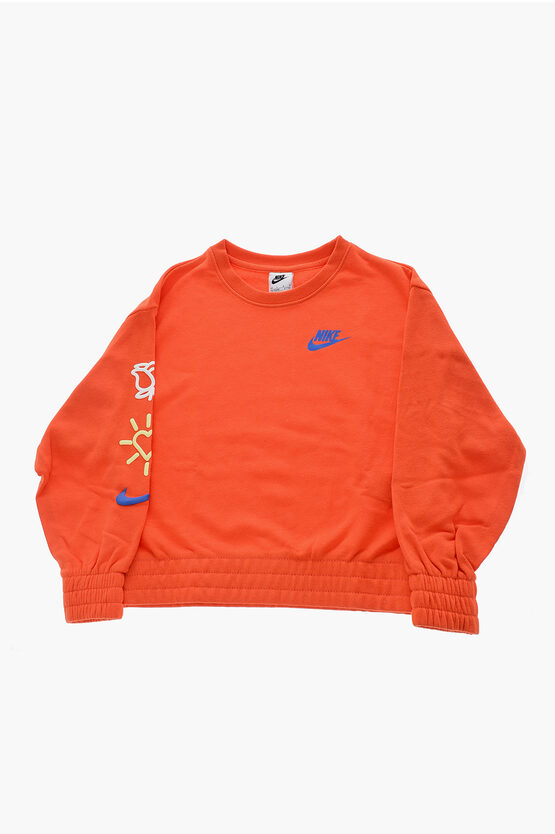 Nike Solid Color Crewneck Sweatshirt With Embossed Prints In Orange
