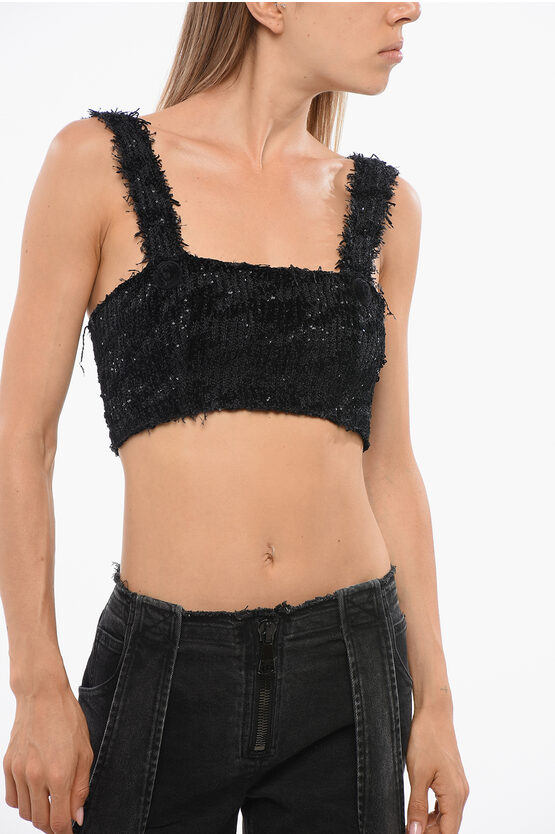Balmain Cropped Sequin-embellished Houndstooth Stretch-knit Top In Black