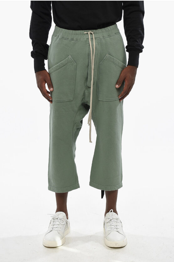 Rick Owens Solid Color Cropped Cargo Pants With Elastic Waistband In Green