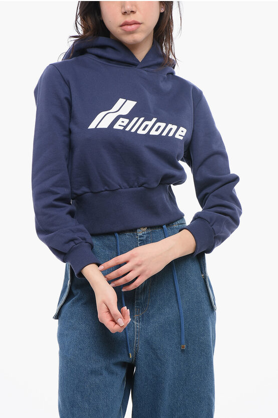 We11 Done Solid Color Cropped Hoodie With Printed Logo