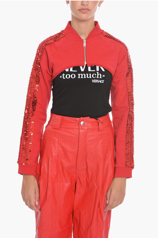 Vaquera Solid Colour Cropped Sweatshirt With Zip Closure And Sequins In Red