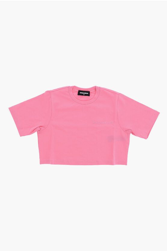Dsquared2 Solid Color Cropped T-shirt With Embroidered Logo In Pink