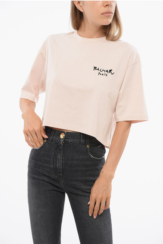 Balmain Solid Color Cropped T-shirt With Flocked Logo In Neutral