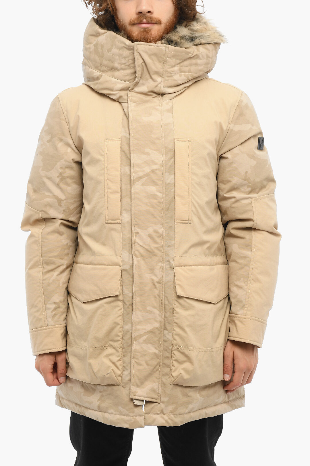 Solid Color Down Jacket with Camouflage Details