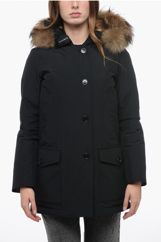 Shop Woolrich Solid Color Down Jacket With Detachable Real Fur Trim