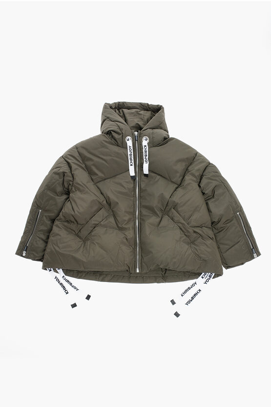 Khrisjoy Solid Colour Down Jacket With Hood And Logoed Details In Brown