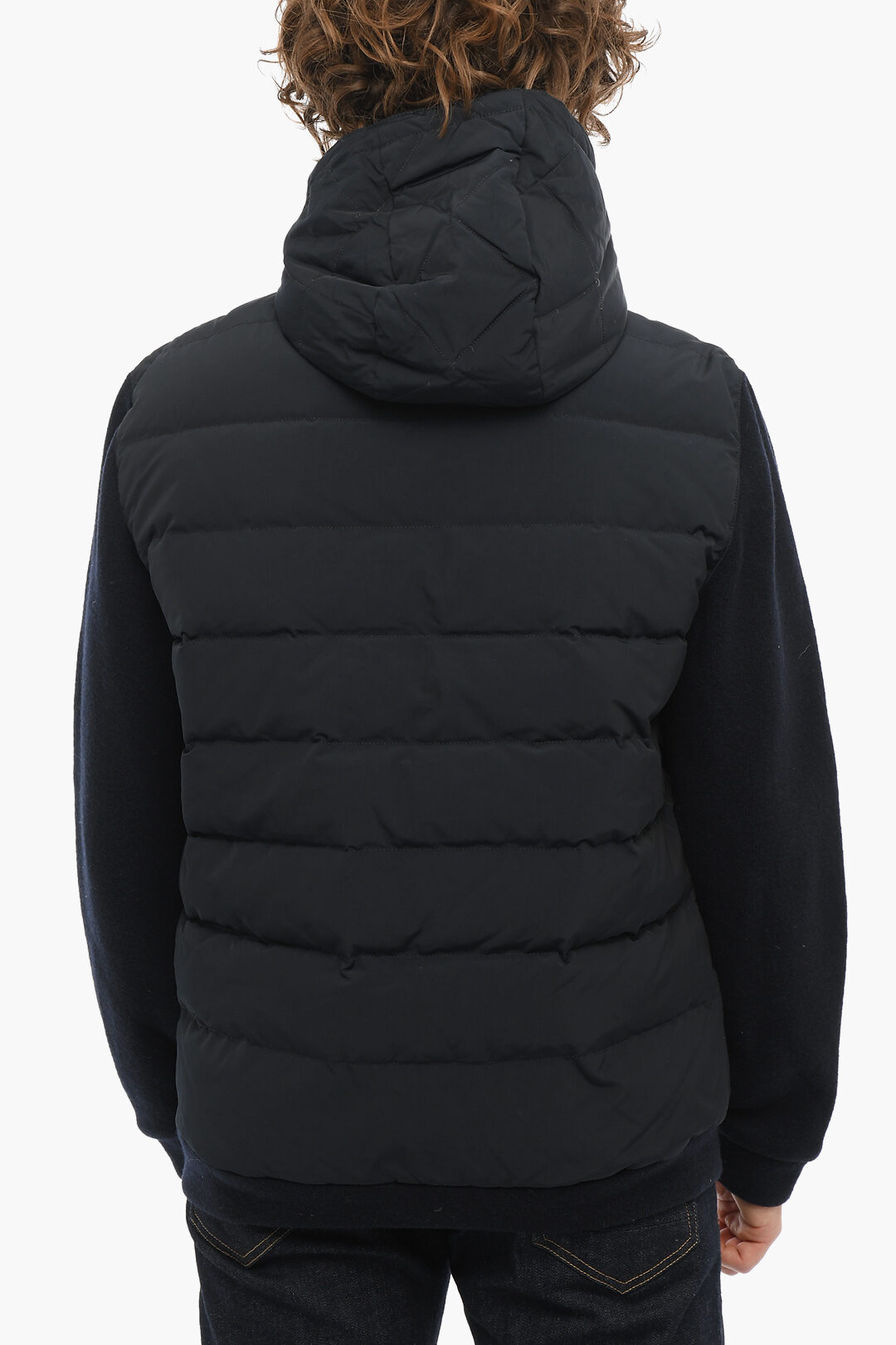 Down jacket with knit on sale sleeves