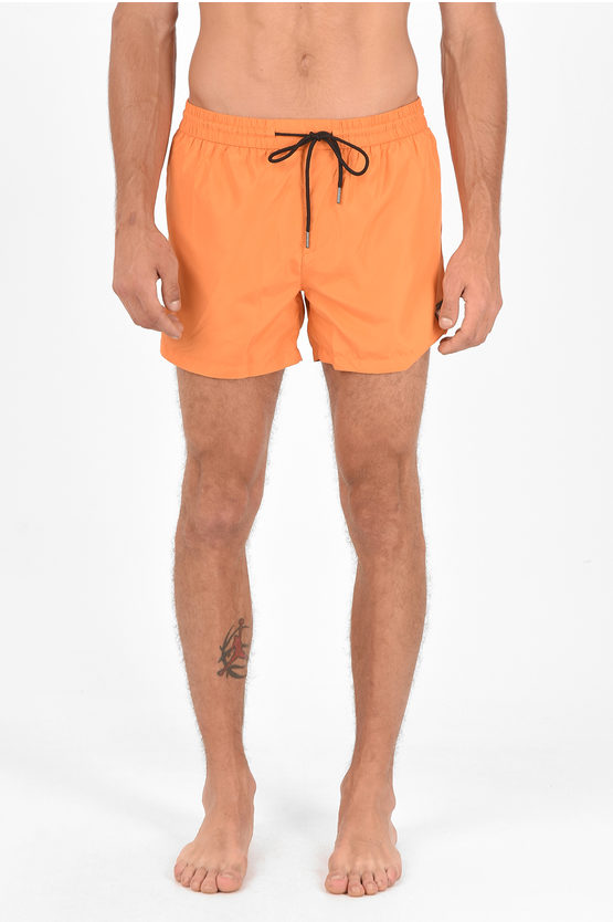 Karl Lagerfeld Solid Colour Ethnic Boxer Swimsuit With Drawstring Waist In Orange