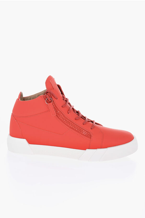 Solid Color Faux Leather High-Top Sneakers with Contrasting Sole