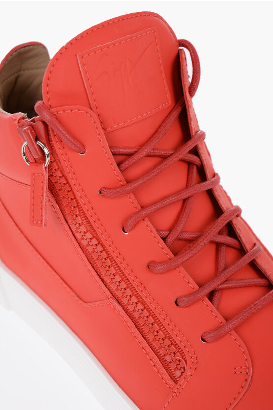 Solid Color Faux Leather High-Top Sneakers with Contrasting Sole