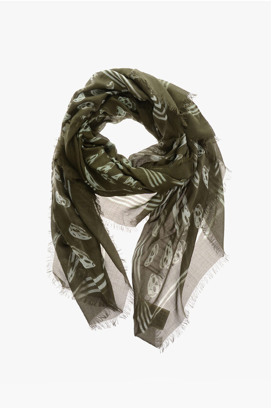 Alexander Mcqueen Solid Color Foulard With All-over Skulls In Green
