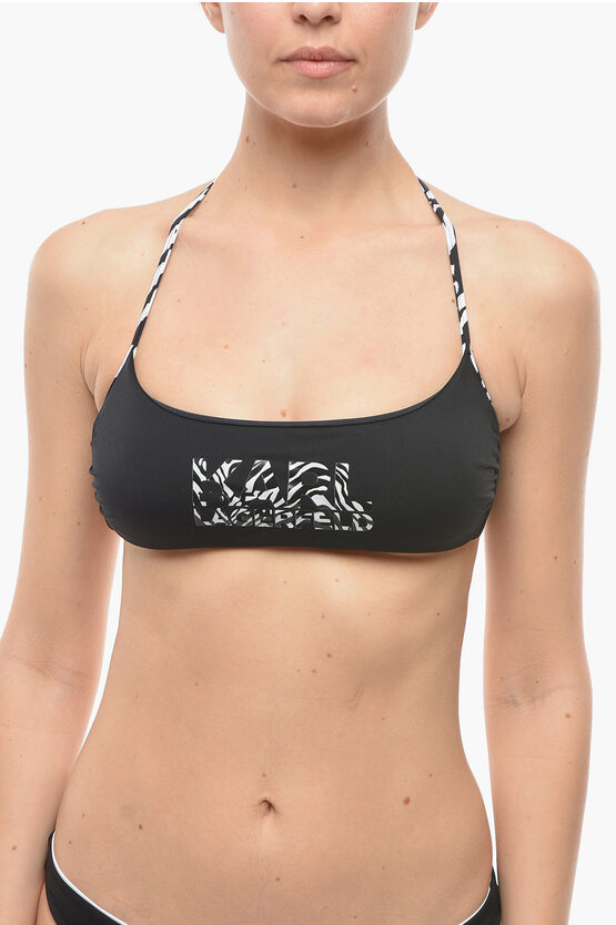 Karl Lagerfeld Solid Color Halter Bikini Top With Animal Patterned Details In Black