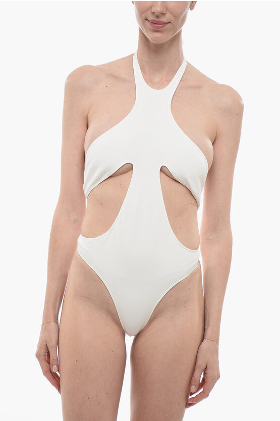 Shop Mugler Solid Color Halterneck One-piece Swimsuit With Cut-out Detai