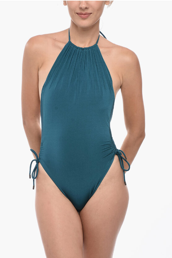 Shop Saint Laurent Solid Color Halterneck One-piece Swimsuit