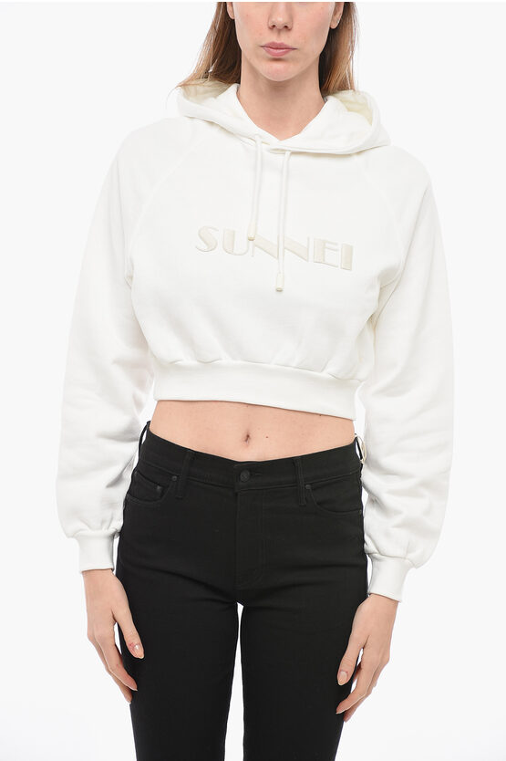 Shop Sunnei Cropped Fit Hoodie With Embroidered Logo