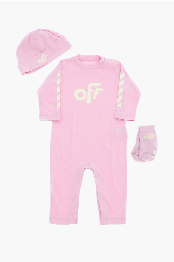 Off-white Solid Colour Jumpsuit Beanie And Socks Set With Printed Logo In Pink