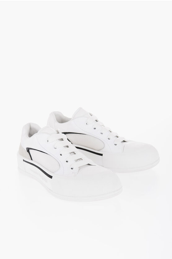 Shop Alexander Mcqueen Solid Color Leather And Canvas Low-top Sneakers