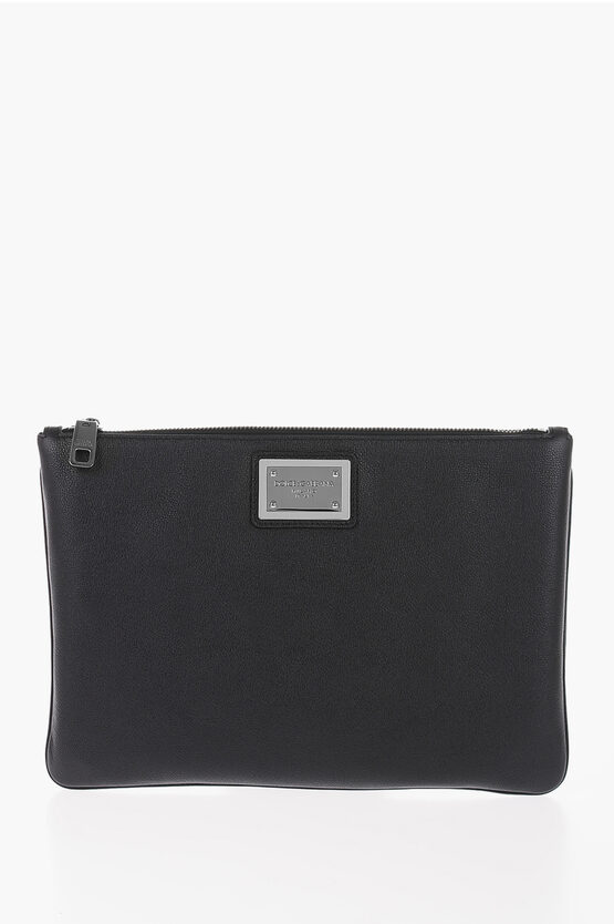 Dolce & Gabbana Solid Color Leather And Fabric Clutch With Metal Detail In Black