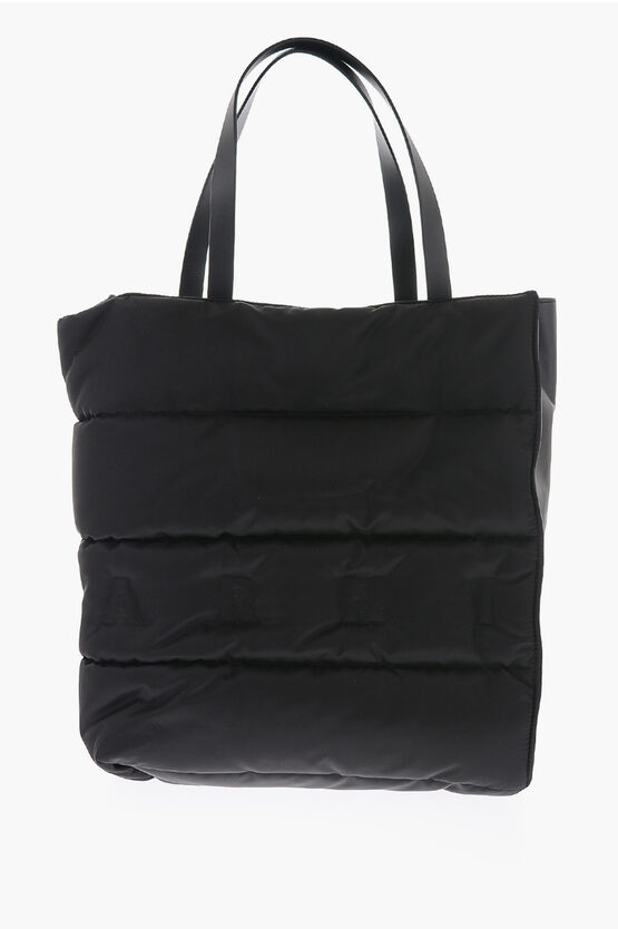 Marni Solid Color Leather And Fabric Tote Bag In Black