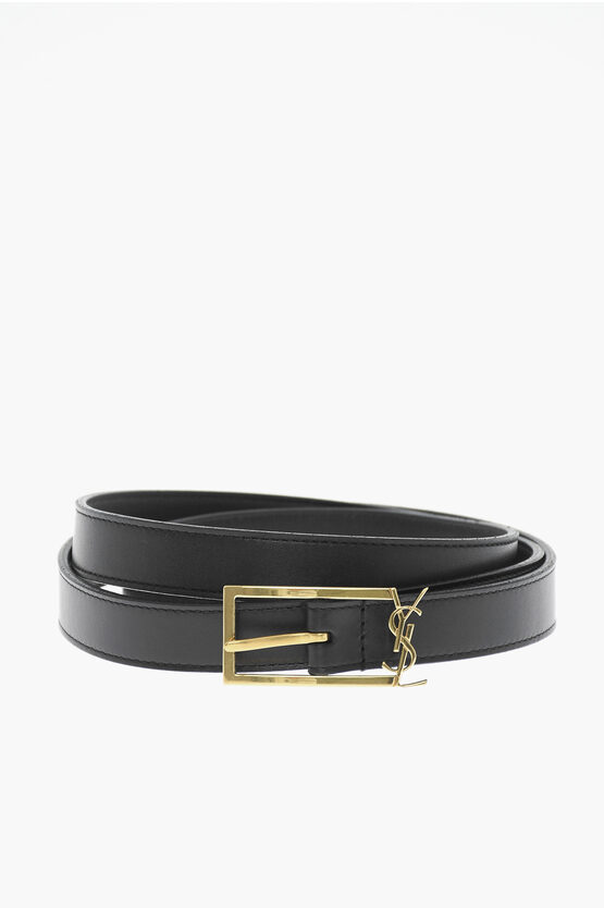 Shop Saint Laurent Solid Color Leather Belt With Golden Buckle 20mm