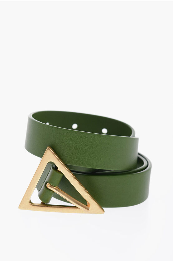 Shop Bottega Veneta Solid Color Leather Belt With Golden Triangle Buckle 25mm