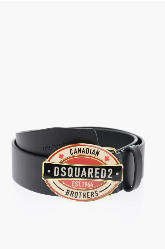 Shop Dsquared2 Solid Color Leather Belt With Logoed Buckle 35mm