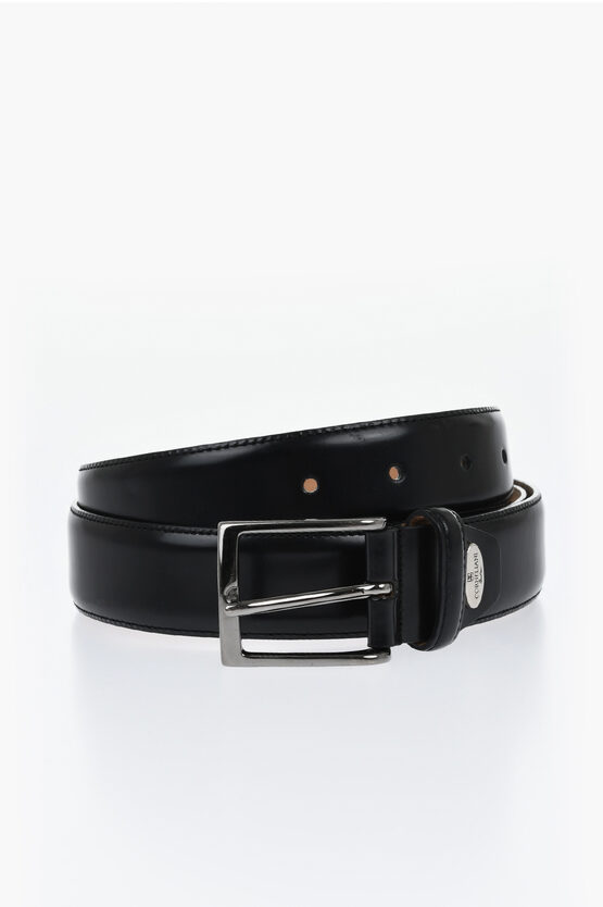 Corneliani Solid Color Leather Belt With Metal Logo 30mm In Black